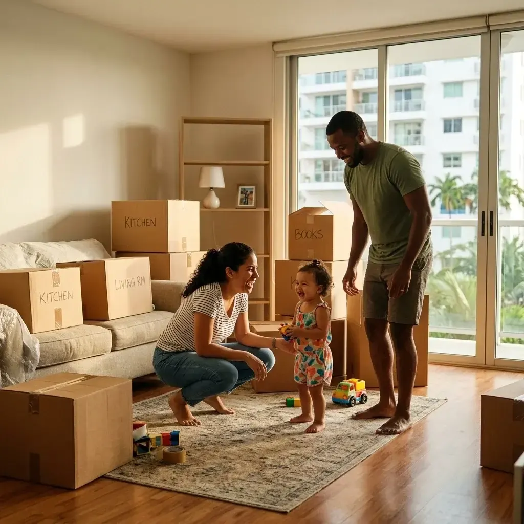 Familia panameña joven en la sala de su primera vivienda en Panamá 2026